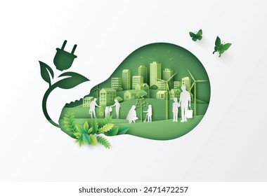 environment  and eco concept with a family  Do activities together in green city  ,vector illustration in paper art