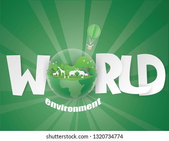 Environment and Eco earth day concept, Animals,Wildlife trees in the green forest on text world and Giraffe in the basket flying on the sky,paper craft  vector and illustration.