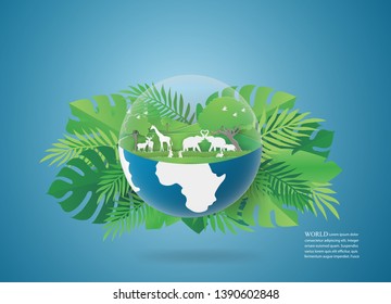 Environment and Eco earth day concept, Animals,Wildlife trees in the green forest on  Green leaf background,paper craft  and illustration.