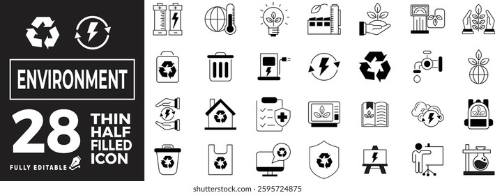 Environment and Eco Energy Icon Set – Sustainability, Renewable Energy, and Green Solutions