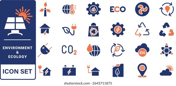 Environment and Ecologe icon set. Containing recycling, plant, nature, eco, earth, green energy, trees, ecology and more. Solid vector icons collection.