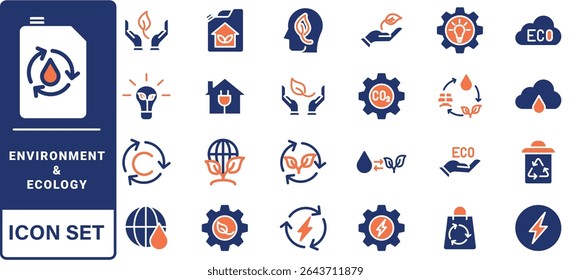 Environment and Ecologe icon set. Containing recycling, plant, nature, eco, earth, green energy, trees, ecology and more. Solid vector icons collection.
