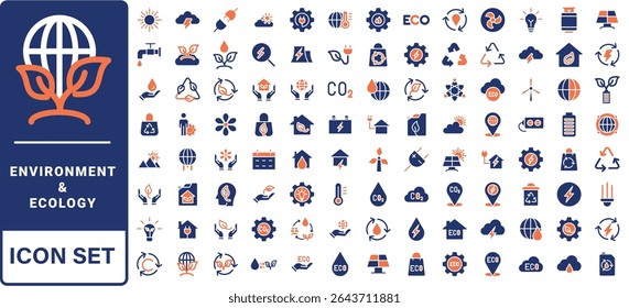 Environment and Ecologe icon set. Containing recycling, plant, nature, eco, earth, green energy, trees, ecology and more. Solid vector icons collection.