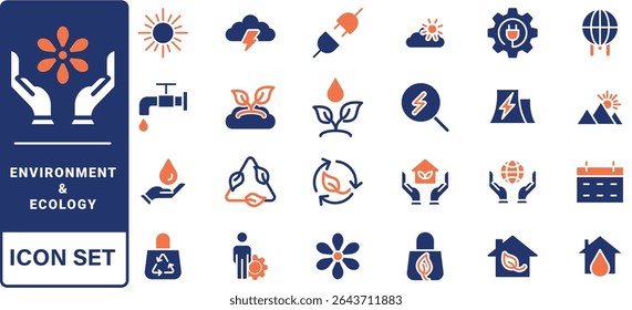 Environment and Ecologe icon set. Containing recycling, plant, nature, eco, earth, green energy, trees, ecology and more. Solid vector icons collection.