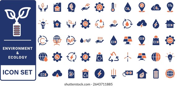 Environment and Ecologe icon set. Containing recycling, plant, nature, eco, earth, green energy, trees, ecology and more. Solid vector icons collection.