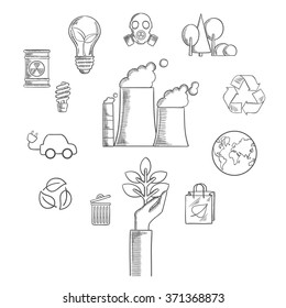 Environment and ecological conservation sketched icons with recycling symbol, electric cars,  leaves, eco-friendly energy with a radiation symbol, gas mask and industrial chimney. Vector sketch style