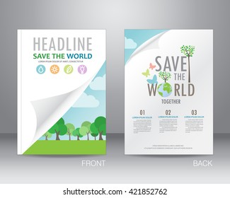 Environment Ecology Brochure Flyer Design Layout Template In A4 Size,save The World And Nature Concept. Can Be Use For Poster, Banner, Graphic Element, Leaflet And Background, Vector Illustration 