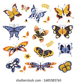 Environment and ecology, butterflies isolated icons, animals or insects with ornament on wings vector. Flying biological species, tropical creatures, flowers and leaves. Monarch kind, beauty symbol