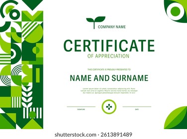 Environment ecology certificate template with green nature geometric shapes, vector diploma award. Appreciation certificate template for green technology or eco environment in modern geometric shapes