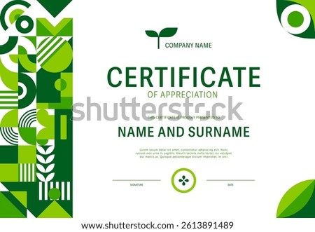 Environment ecology certificate template with green nature geometric shapes, vector diploma award. Appreciation certificate template for green technology or eco environment in modern geometric shapes