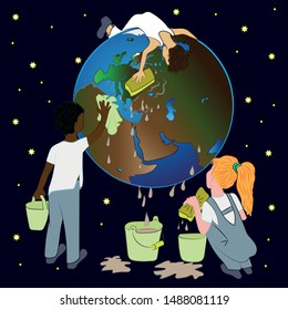 
Environment and ecology. Children of different nations and races remove garbage on planet Earth and wash the planet. Color image .Vector illustration.