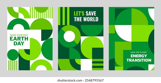 Environment ecology earth day posters with green modern abstract geometric pattern. Vector background or cover template for April 22 celebration. Save the world and energy transitions vertical banners