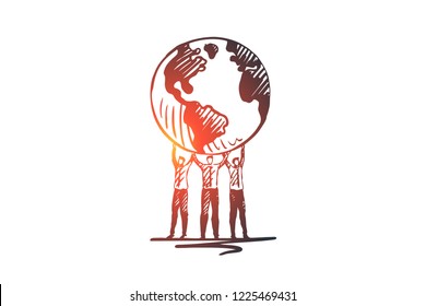 Environment, ecology, earth, world, globe concept. Hand drawn Earth globe in human hands concept sketch. Isolated vector illustration.