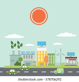 Environment, ecology illustration with green modern city. Risks and pollution, ecosystem. Background, layout, banner, diagram, web design, brochure template. Isolated elements. Vector 