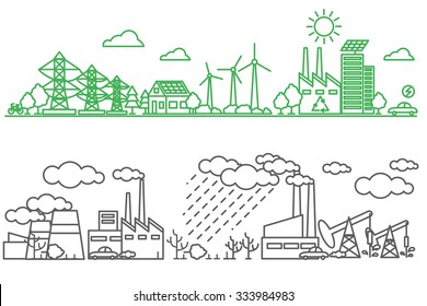 Environment, ecology infographic elements. Environmental risks and pollution, ecosystem. Can be used for background, layout, banner, diagram, web design, brochure template. Vector illustration line