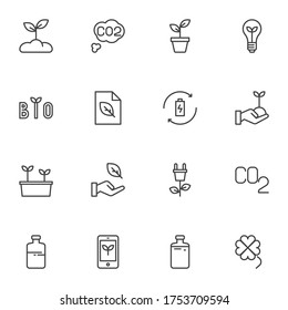 Environment, ecology line icons set, outline vector symbol collection, linear style pictogram pack. Signs, logo illustration. Set includes icons as eco pollution, co2 emission, renewable energy, plant