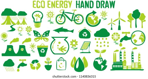 Environment Ecology Nature hand draw vector Icon set. 