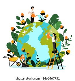 Environment, ecology, nature protection concept. Young volunteers take care of Earth planet and environmental nature. Vector flat cartoon illustration. People cleaning, watering and planting flowers.