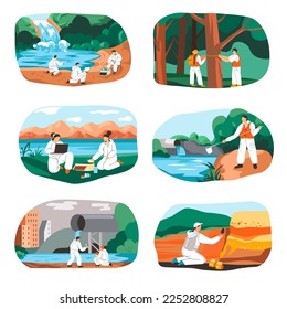 Investigación y análisis ambientales y ecológicos, personas aisladas con instrumentos y aparatos especiales tomando muestras de bosques, agua y suelo. Estudiar el nivel de contaminación. Vector de estilo plano