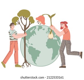 Environment, ecology and save the Earth concept with volunteers planting trees. Nature protection and environment conservation, flat cartoon vector illustration isolated on white background.