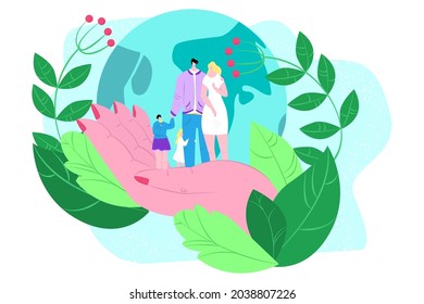 Environment ecology save for family, vector illustration, tiny flat people man woman kid character at huge hand, care about global eco.