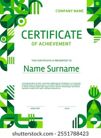 Environment ecology theme, certificate of achievement template with green geometric pattern. Earth day award certificate vector template, achievement diploma or voucher with green abstract pattern