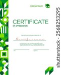 Environment ecology theme, certificate of appreciation template with green abstract modern geometric pattern border line. Vector diploma, award or gift certificate vertical template with eco mosaic