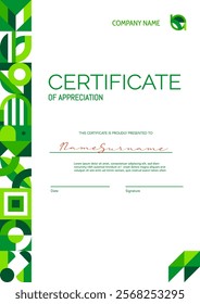 Environment ecology theme, certificate of appreciation template with green abstract modern geometric pattern border line. Vector diploma, award or gift certificate vertical template with eco mosaic