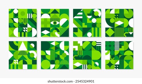 Patrones geométricos abstractos verdes del tema de la ecología del ambiente, fondos del Vector. Patrones geométricos modernos de colores verdes y Formas de mosaico para la energía verde, la conservación de la naturaleza y el concepto ecológico