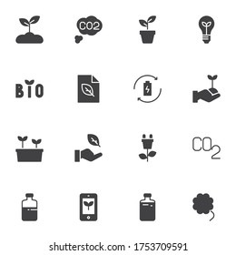 Entorno, conjunto de iconos de vectores ecológicos, colección moderna de símbolos sólidos, paquete de pictogramas estilo relleno. Señales, ilustración del logotipo. El conjunto incluye iconos como la contaminación ecológica, las emisiones de CO2, la energía renovable, las plantas