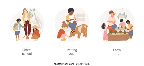 Environment education in childcare isolated cartoon vector illustration set. Forest school, outdoor petting zoo, farm trip, nature exploration, gardening experience, homeschooling vector cartoon.