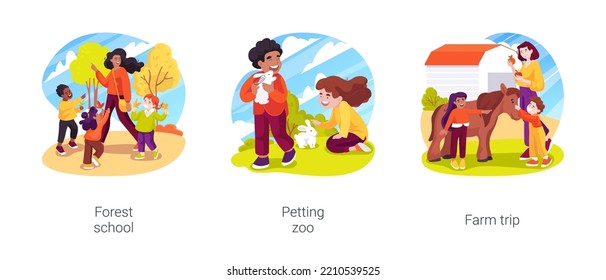 Environment education in childcare isolated cartoon vector illustration set. Forest school, outdoor petting zoo, farm trip, nature exploration, gardening experience, homeschooling vector cartoon.