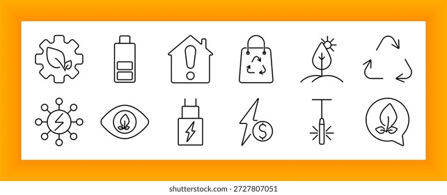 Environment and energy set icon. Includes gear, battery, warning, recycling, tree, leaf, electric plug, lightning, drop, and renewable energy visual symbols.