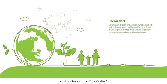 Environment flat design for sustainable energy development, One doodle continuous line drawing. World environment day Poster, banner, background Environmental and Ecology concept, eco friendly. 