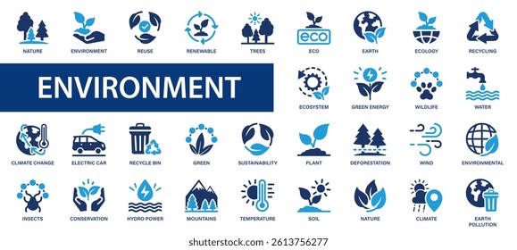 Environment flat icons set. Earth, renewable, nature, eco, conservation, insects, wind, plant, reuse, ecology icons and more signs. Flat icon collection.
