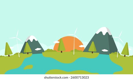 Environment flat illustration with mountains and trees