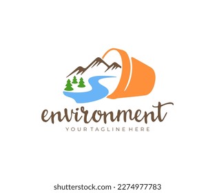 Environment, flowerpot, mountains, river and forest, logo design. Nature, plant, trees, water, landscape and forestry, vector design and illustration