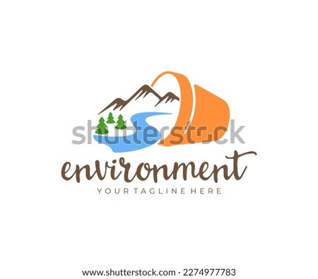 Environment, flowerpot, mountains, river and forest, logo design. Nature, plant, trees, water, landscape and forestry, vector design and illustration