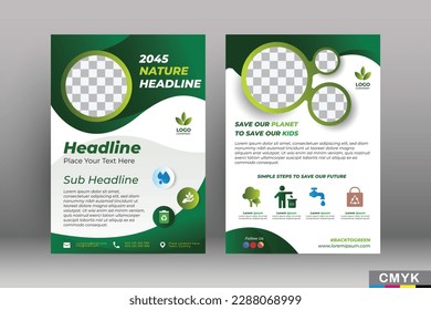 Environment flyer vertical template. Modern Nature layout design. Green background with place for photo.CMYK color. Vector EPS 10