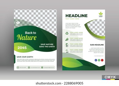 Environment flyer vertical template. Modern Nature layout design. Green background with place for photo.CMYK color. Vector EPS 10