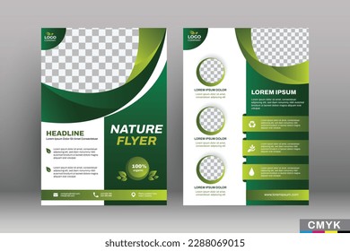 Environment flyer vertical template. Modern Nature layout design. Green background with place for photo.CMYK color. Vector EPS 10