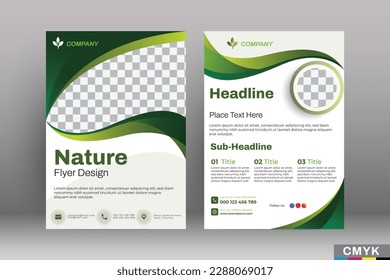 Environment flyer vertical template. Modern Nature layout design. Green background with place for photo.CMYK color. Vector EPS 10