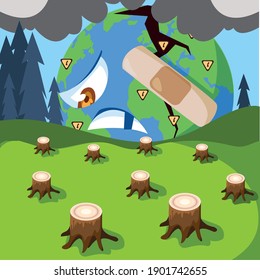 environment forest trees felling and deforestation, pollution and contamination vector illustration