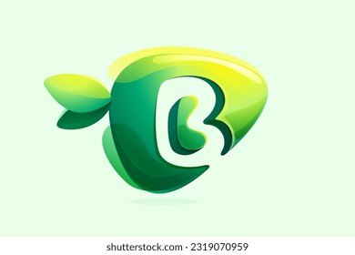 Letra B inicial respetuosa con el medio ambiente. Icono 3D realista recortado de la forma de flecha triangular. Logotipo ecológico forestal con hojas verdes en acuarela. Vector para botón de juego, comida saludable, agricultura adv.