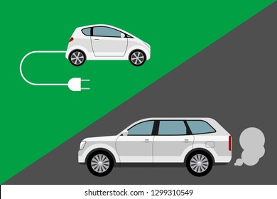 Environment friendly electric car vs conventional internal combustion engine automobile. Vector illustration