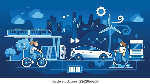 Environment friendly electric transport with renewable power source outline concept. EV car usage as sustainable and nature friendly fuel alternative vector illustration. Ecological urban lifestyle.