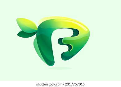 Letra F inicial favorable al medio ambiente. Icono 3D realista recortado de la forma de flecha triangular. Logotipo ecológico forestal con hojas verdes en acuarela. Vector para botón de juego, comida saludable, agricultura adv.