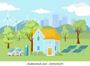 Environment friendly green energy at urban landscape, vector illustration. Eco solar panel, wind station near house building, city nature design.