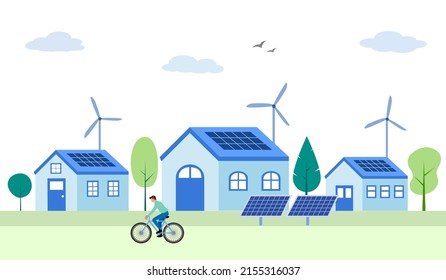 Casas respetuosas con el medio ambiente con paneles solares y turbinas eólicas en diseño plano. Aldea solar sostenible.