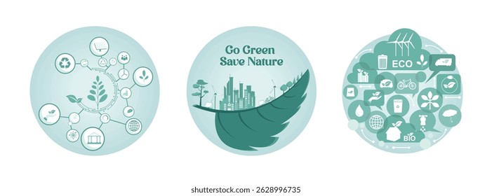 Environment friendly interconnected in a diagrammatic.  Ecological awareness with urban elements, clean energy sources, and environmental preservation. Renewable energy, and eco-awareness.